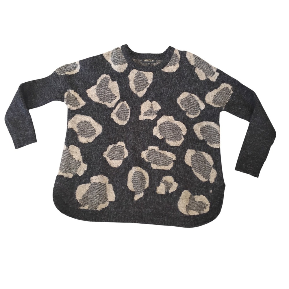 Joseph‎ A Leopard Print Crewneck Sweater Gray Beige Fuzzy Knit Small